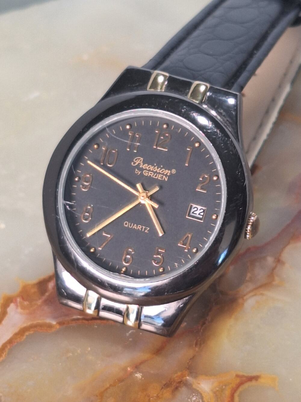 Gruen Precision Quartz Watch Black Dial Gold Tone Date Leather Band- Nice!